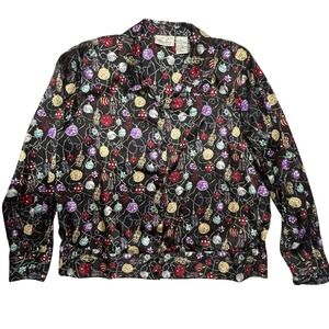Vintage Kathie Lee Holiday Blouse Satin Christmas Bulb Elastic Waist XL 90s Glam